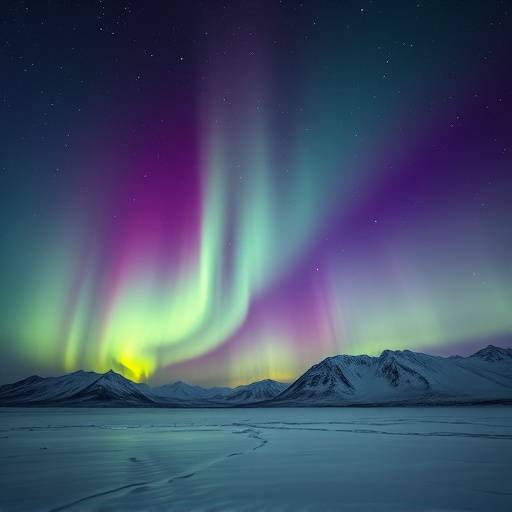Aurore boréale spectaculaire illuminant le ciel nocturne au-dessus d'un paysage enneigé en Islande, avec des nuances vertes et violettes.