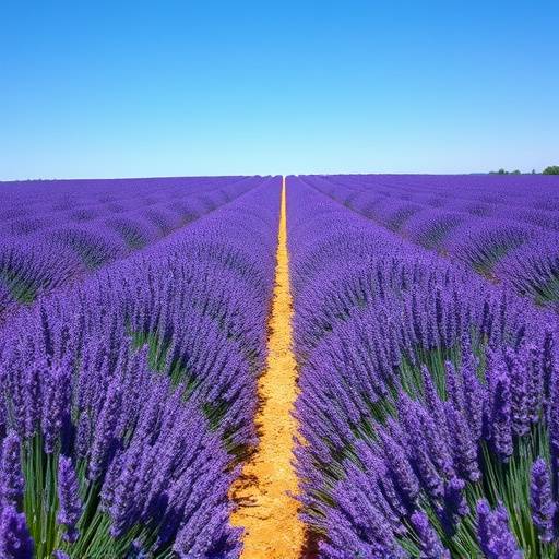 Champs de lavande en Provence, France, avec des rangées de fleurs violettes parfumées et un ciel bleu azur.