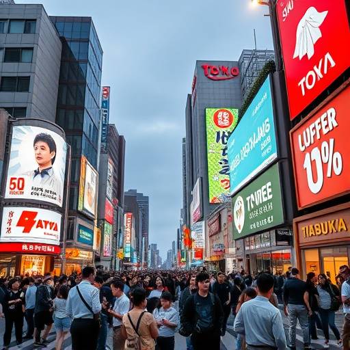 Foule de personnes traversant le carrefour animé de Shibuya à Tokyo, Japon, avec des écrans géants illuminant les immeubles et une ambiance effervescente.