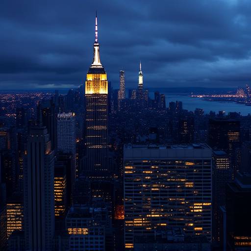 La skyline de New York, États-Unis, avec l'Empire State Building et d'autres gratte-ciel illuminés la nuit.