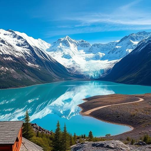 Montagnes enneigées des Andes en Patagonie, Argentine, avec des glaciers imposants et des lacs turquoises reflétant le paysage grandiose.
