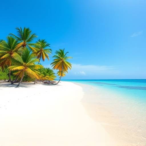 Plage de sable blanc immaculée aux Maldives, avec une eau turquoise transparente et des palmiers se balanäant doucement sous un ciel bleu clair.