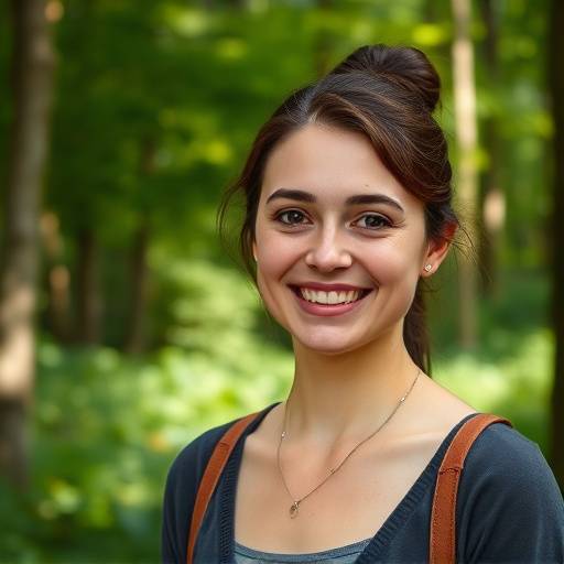 Portrait d'Amélie Lefèvre, spécialiste du tourisme durable chez Évasion Parfaite, souriant en plein air avec une forêt luxuriante en arrière-plan.
