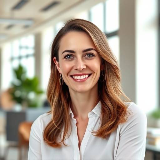 Portrait d'Isabelle Dubois, co-fondatrice et directrice générale d'Évasion Parfaite, souriant chaleureusement dans un bureau lumineux.