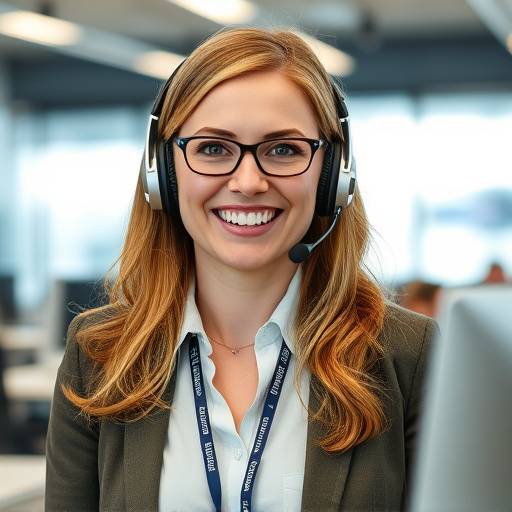 Portrait de Sophie Martin, conseillère en voyage senior chez Évasion Parfaite, souriant et portant un casque téléphonique dans un centre d'appels moderne.