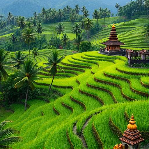 Rizières verdoyantes en terrasses à Bali, Indonésie, avec des palmiers et des temples traditionnels en arrière-plan.