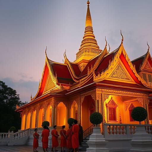 Temple bouddhiste doré illuminé au crépuscule à Bangkok, Thaïlande, avec des détails architecturaux complexes et des moines en robes orange.