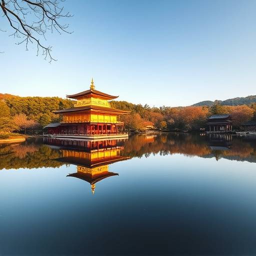 Temple Kinkaku-ji (Pavillon d'or) à Kyoto, Japon, entouré de jardins paisibles et d'un lac reflétant sa beauté.