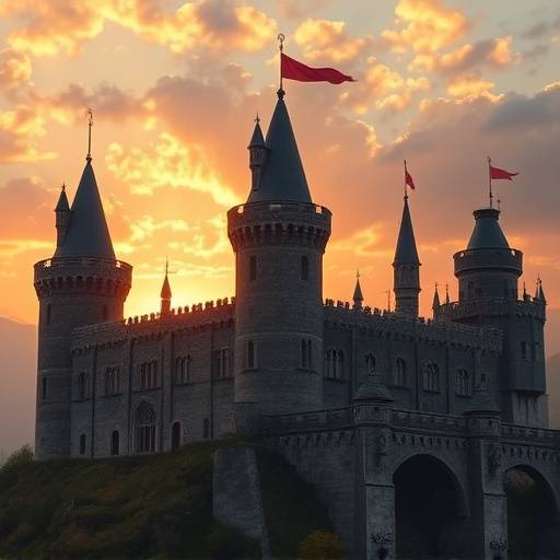 Un château médiéval illuminé par le soleil couchant, avec des tours imposantes et des remparts massifs.