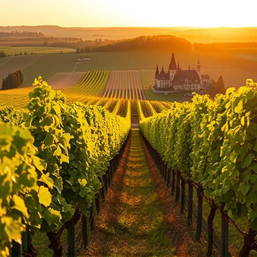 Un vignoble dans la vallée de la Loire, France, avec des rangées de vignes verdoyantes et un château en arrière-plan.