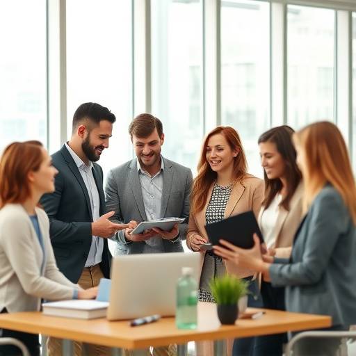 Une équipe diversifiée de professionnels du voyage collaborant dans un bureau moderne et lumineux.
