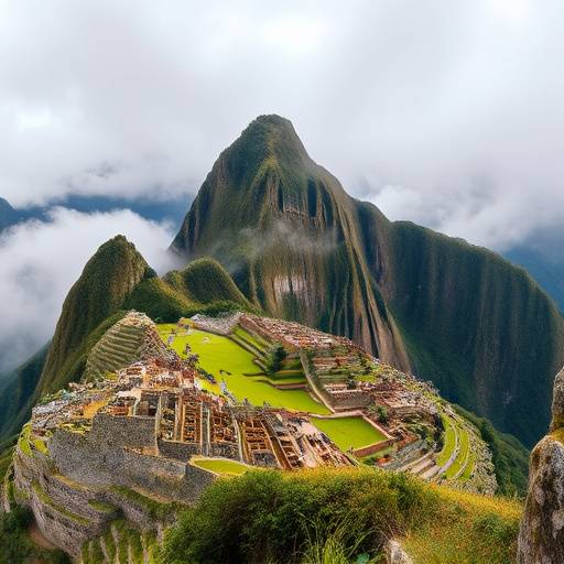 Vue imprenable sur les ruines incas du Machu Picchu, Pérou, perchées au sommet d'une montagne, entourées de brume et de végétation luxuriante.