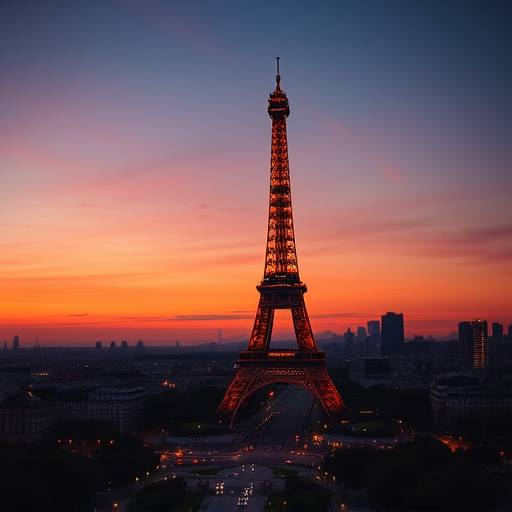 Vue panoramique de la Tour Eiffel à Paris, France, illuminée au coucher du soleil.