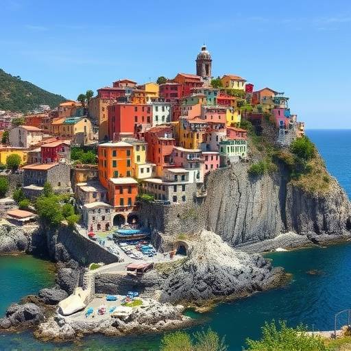 Vue panoramique des Cinque Terre, Italie, avec des villages colorés accrochés aux falaises et reliés par des sentiers de randonnée offrant des vues spectaculaires sur la mer Ligure.